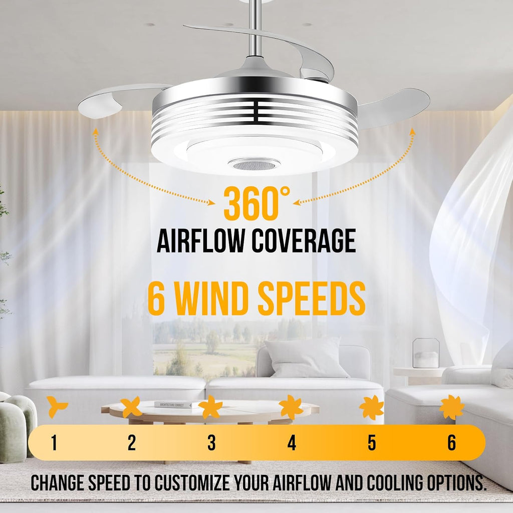 42' Modern RGB Ceiling Fan with Lights and Bluetooth Music Speaker,Color Change Motor Retractable Fandelier Ceiling Fan with Light and APP/Remote,6 Speed Silent Chandelier Fan for Bedroom Living Room