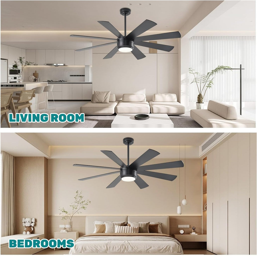 SHOWDI Black Ceiling Fans with Lights and Remote, Quick Installation, 60 in | 2 Blade Color, Metal Material, App Remote Control, Timer, Reversible, 3CCT, Dimmable for Bedroom, Living room, Indoor