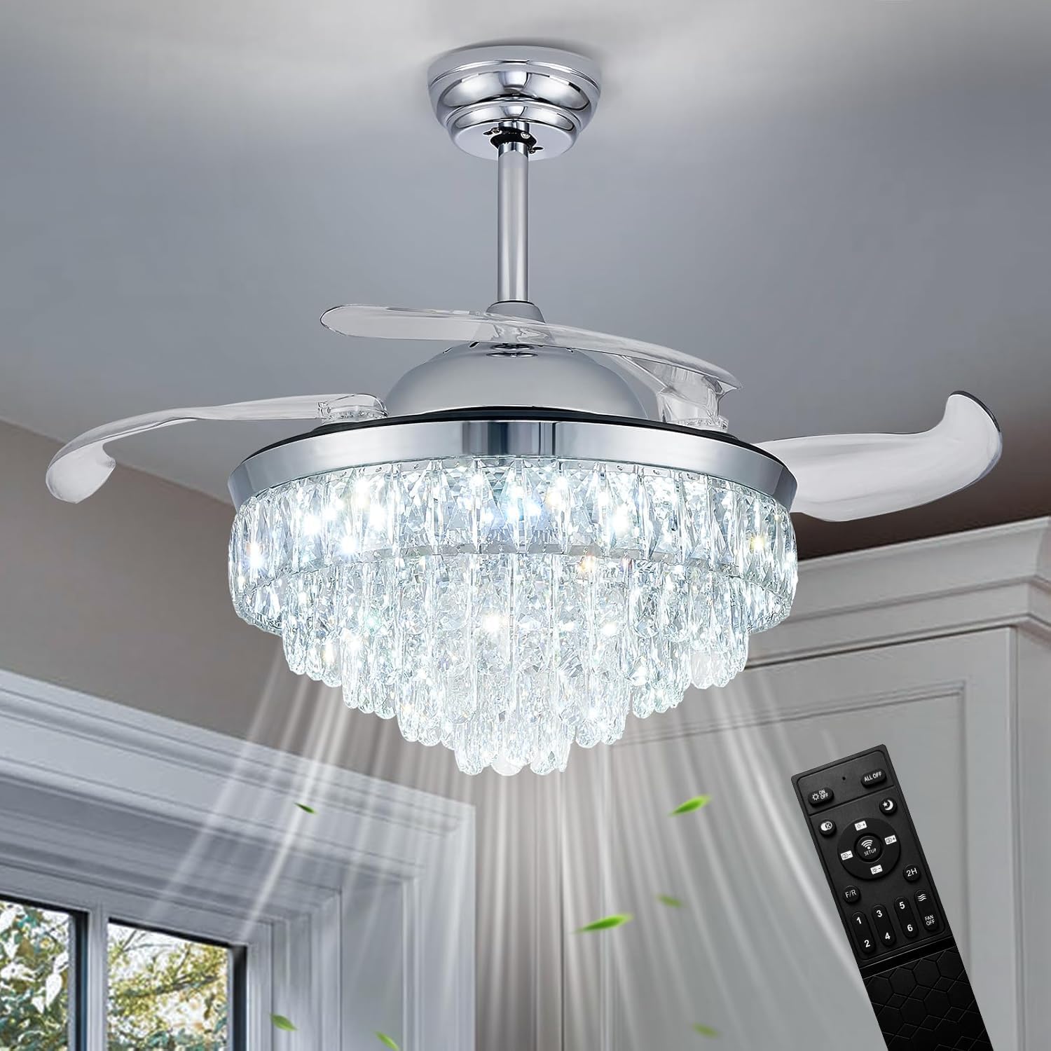 CLAIRDAI 42'' Modern Crystal Fandelier Ceiling Fan with Lights, Dimmable LED Chandelier Fan, Retractable Blades, Remote Control, 6-Speed Quiet Motor with Timer for Bedroom Living Room Dining Room