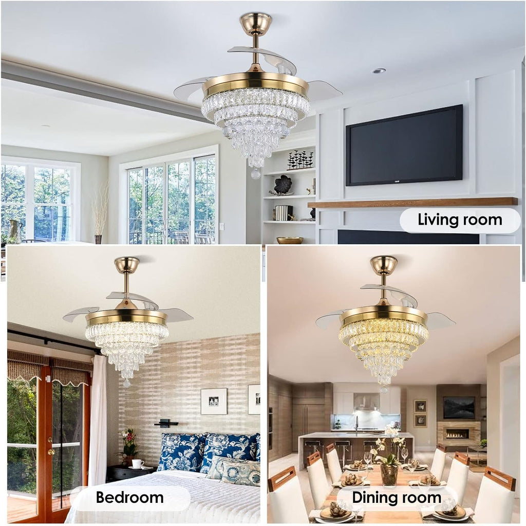 42'' Gold Crystal Fandelier Ceiling Fan with Lights, Dimmable LED Chandelier Fan, Retractable Blades, Remote & APP Control, 6-Speed Reversible, Flush Mount for Bedroom Living Room Dining Room