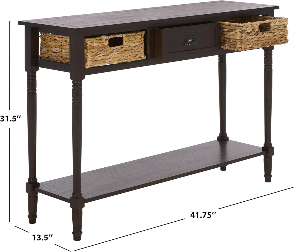 SAFAVIEH Home Collection – Christa Dark Chocolate Console Table, 3-Drawer Storage with Natural Basket Drawers, Coastal Entryway Design (AMH5737F)