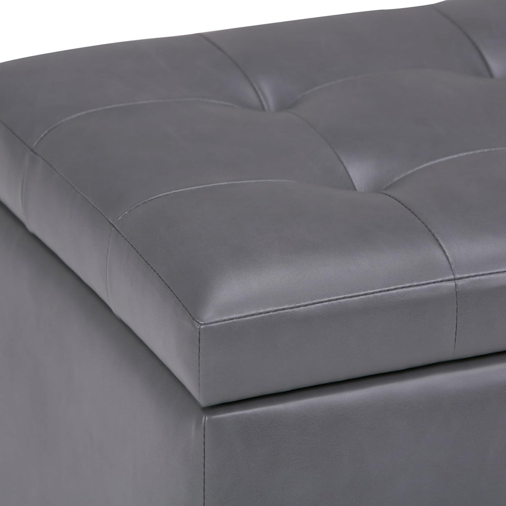 SIMPLIHOME Cosmopolitan Storage Ottoman - 34 inch Wide Upholstered Vegan Leather Rectangle Storage Ottoman Bench in Stone Grey, Transitional Tufted Ottoman for Living Room or Entryway with Lift-Up Lid