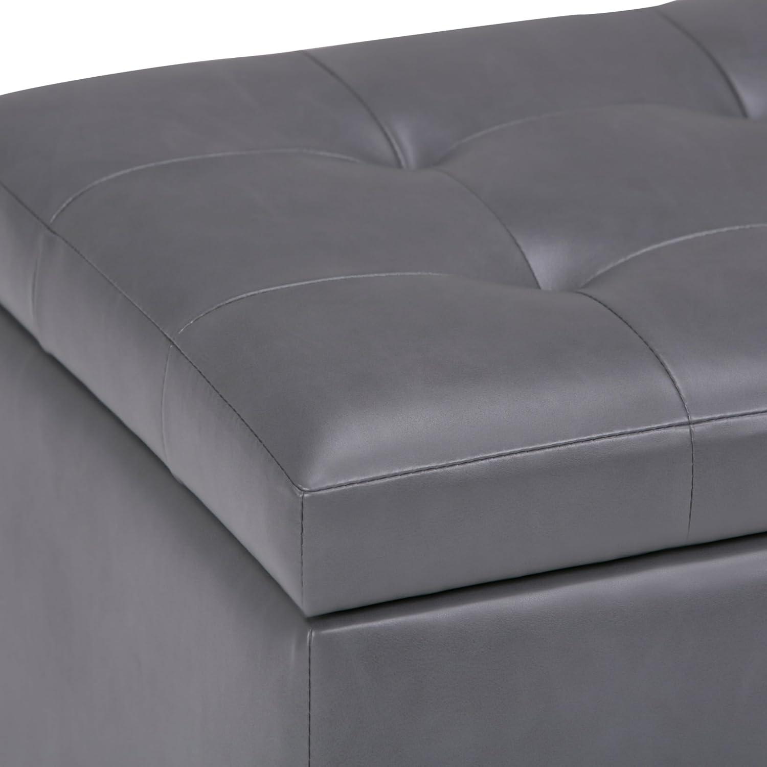 SIMPLIHOME Cosmopolitan Storage Ottoman - 34 inch Wide Upholstered Vegan Leather Rectangle Storage Ottoman Bench in Stone Grey, Transitional Tufted Ottoman for Living Room or Entryway with Lift-Up Lid