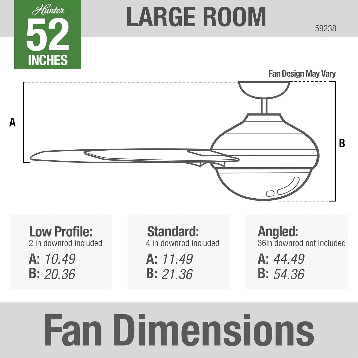 Hunter 52 inch Indoor Ceiling Fan with LED Light and Remote Control - Modern White Ceiling Fan, Standard Mount, 3 Blades, For Bedroom, Living Room, or Kitchen, Quiet - Ronan 59238, Fresh White