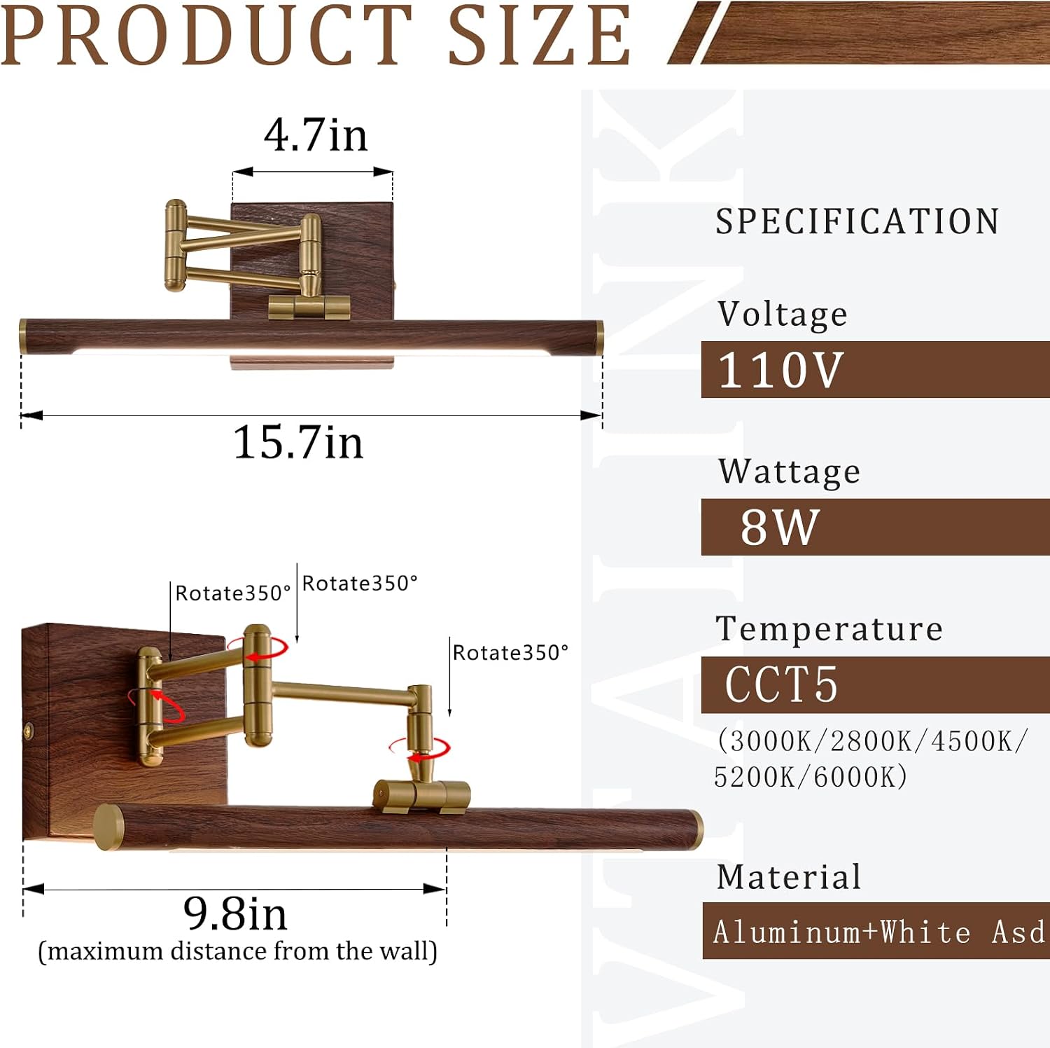 2 Pack Hardwired Dimmable LED Picture Light, Adjustable Swing Arm Wall Art Lamp, Brass Walnut Wood Finish Gallery Lighting for Painting Mirror Artwork Wall Decor