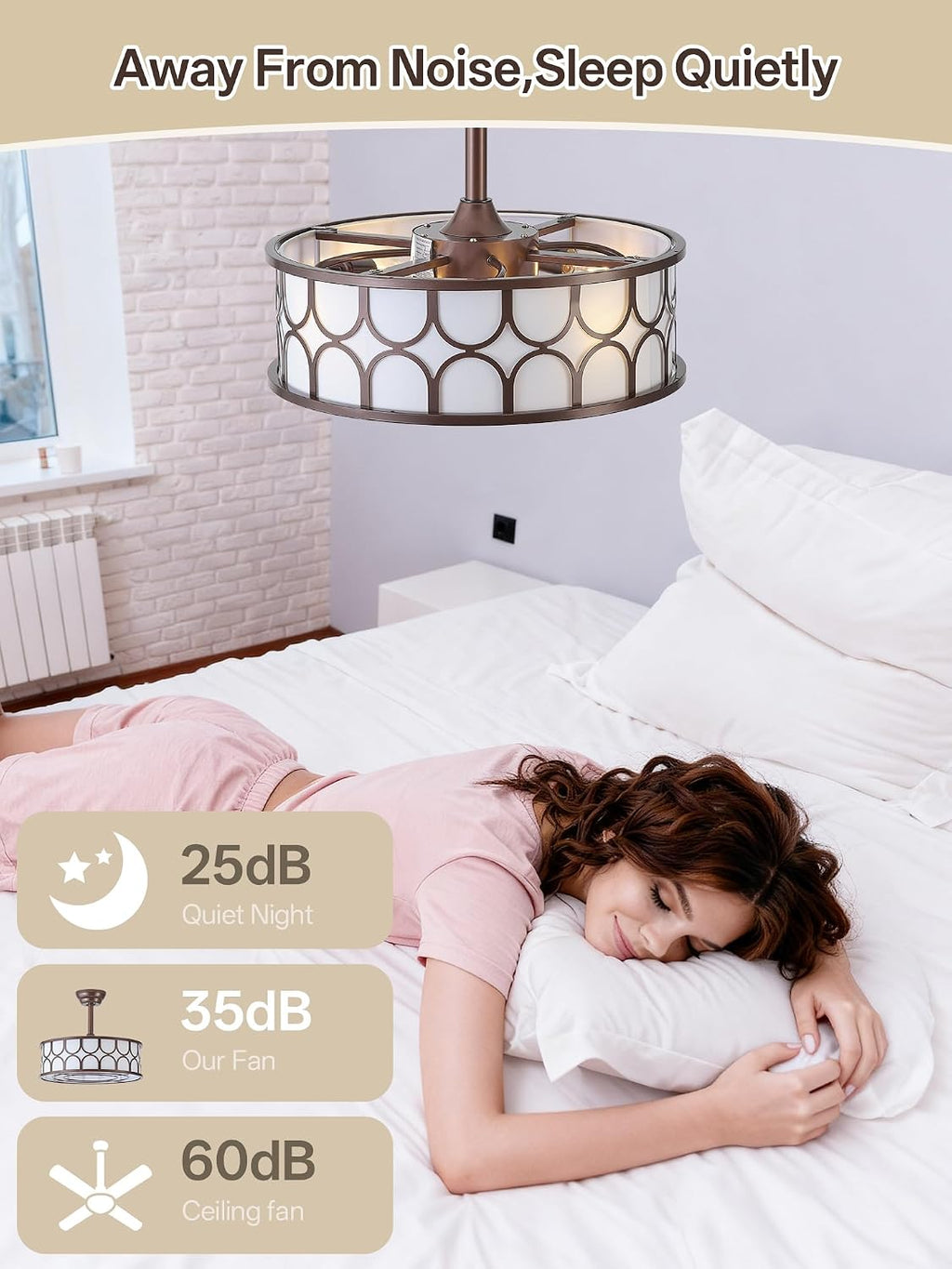 20' Brown Boho Fandelier Ceiling Fan with Lights, Caged Bladeless Ceiling Fan with Light Remote Control, Chandelier with 6 Speeds for Bedroom, Nursery, Living Room