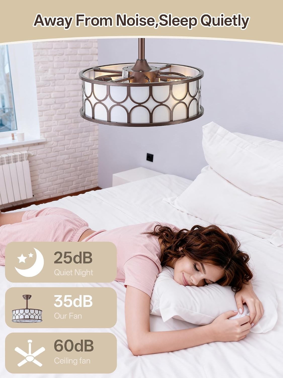 20' Brown Boho Fandelier Ceiling Fan with Lights, Caged Bladeless Ceiling Fan with Light Remote Control, Chandelier with 6 Speeds for Bedroom, Nursery, Living Room