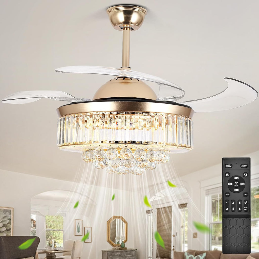 Bavnnro 42'' Fandelier Ceiling Fans with Light, Gold Retractable Crystal Chandelier Fan, Reversible, Remote Control, Dimmable Ceiling Light Kits for Dining Living Room, Bedroom