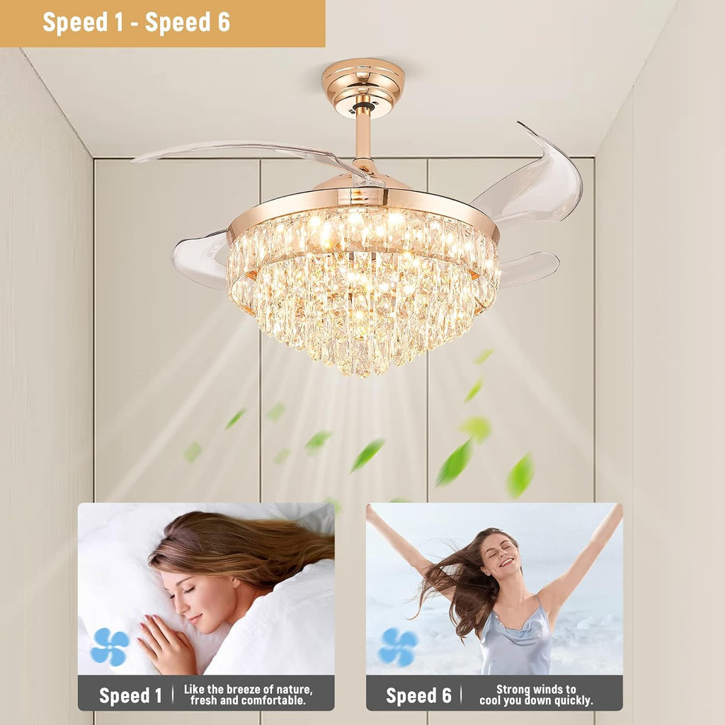 CLAIRDAI 42'' Crystal Fandelier Ceiling Fan with Lights, Dimmable LED Fan with Retractable Blades, Remote, 6-Speed Reversible, Semi Flush Mount for Bedroom Dining Room