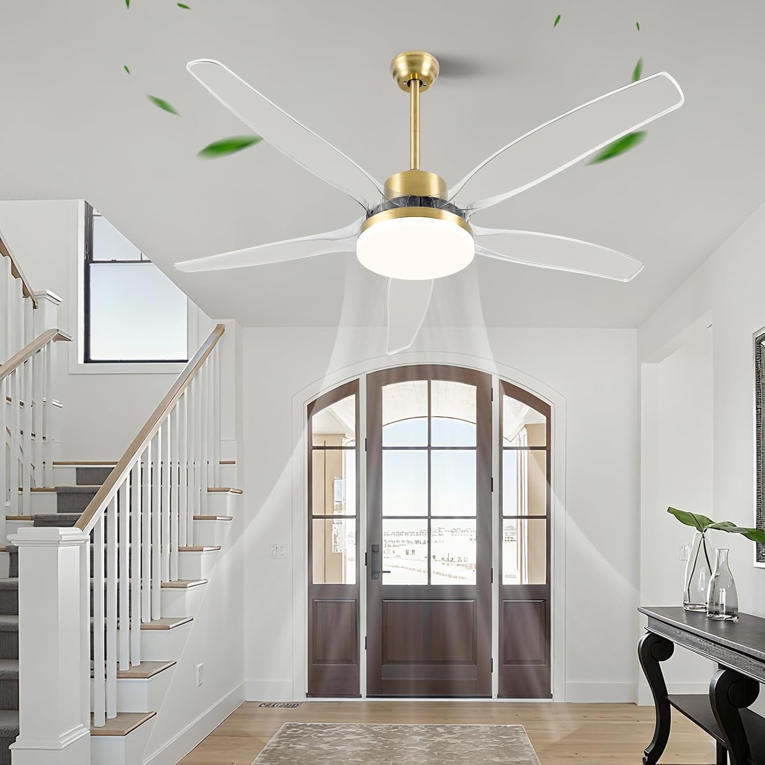 OKELI Clear Ceiling Fan with Light, 58 Inch Gold Transparent Ceiling Fans with Light and Remote 3 Reversible Blade LED Ceiling Fan and Light Combo for Living Room, Bedroom, Patio