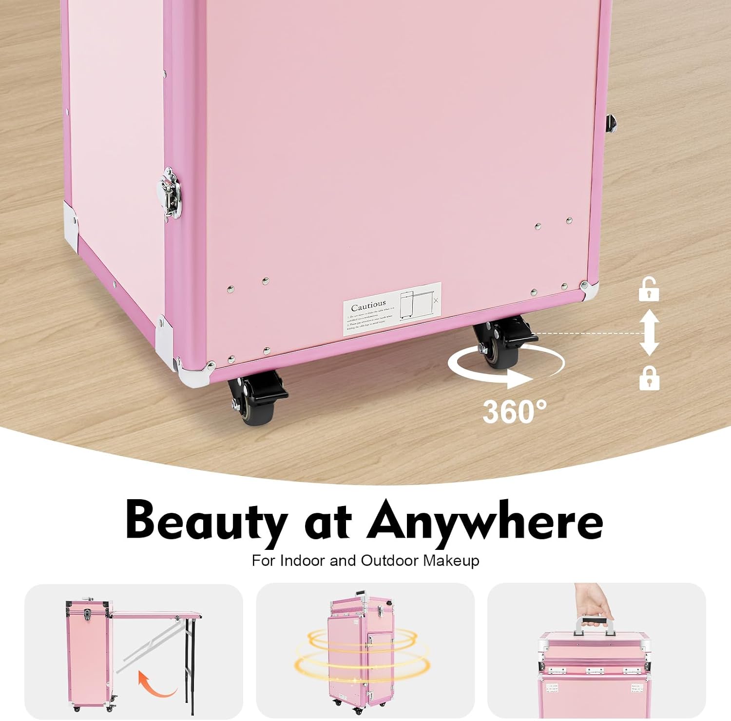 Rolling Manicure Table Train Case with 4 Universal Wheels,Professional Makeup Suitcase With Drawers & Unfold Table,2 Built-In Music Speakers,Travel Cosmetic Storage Train for Makeup Artist,Hairstylist