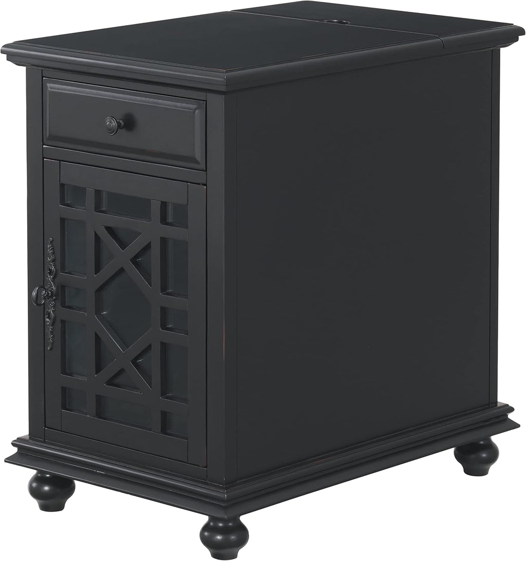 Martin Svensson Home Elegant Chairside End Table with Power — 24″W x 16″D x 25″H, Antique Black — Transitional Painted Accent Table with Flip-Top USB Charging, Drawer & Cabinet Storage