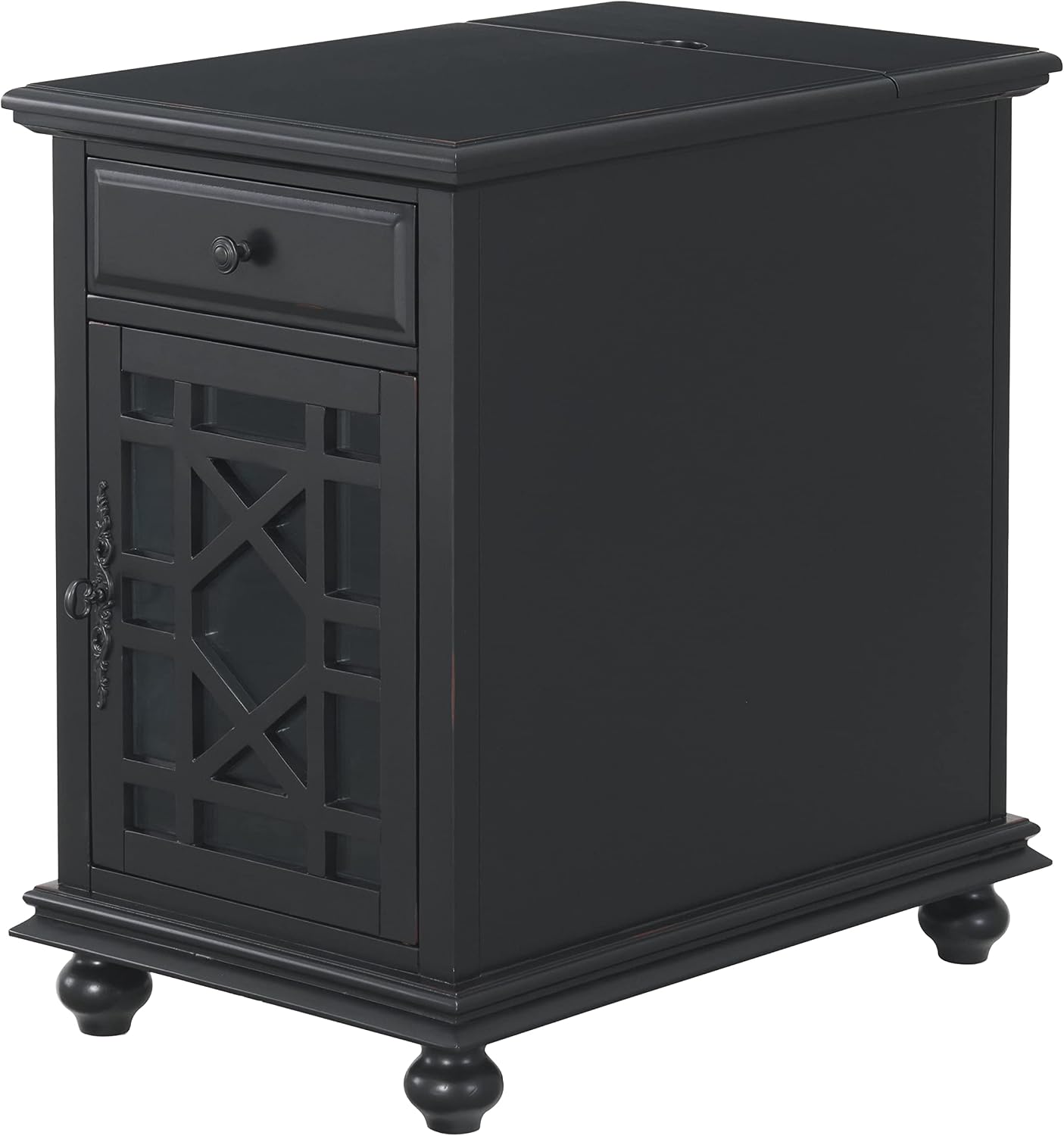 Martin Svensson Home Elegant Chairside End Table with Power — 24″W x 16″D x 25″H, Antique Black — Transitional Painted Accent Table with Flip-Top USB Charging, Drawer & Cabinet Storage