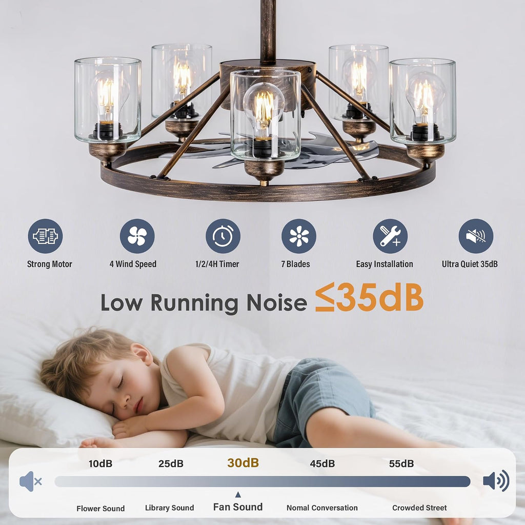 24' Ceiling Fans with Lights Wagon Wheel Chandelier, Farmhouse Fandelier Classical Black Fans with Glass Lampshade Light Fixture, 6 Speed, Timing, Adjustable Height for Dining Room Living Room