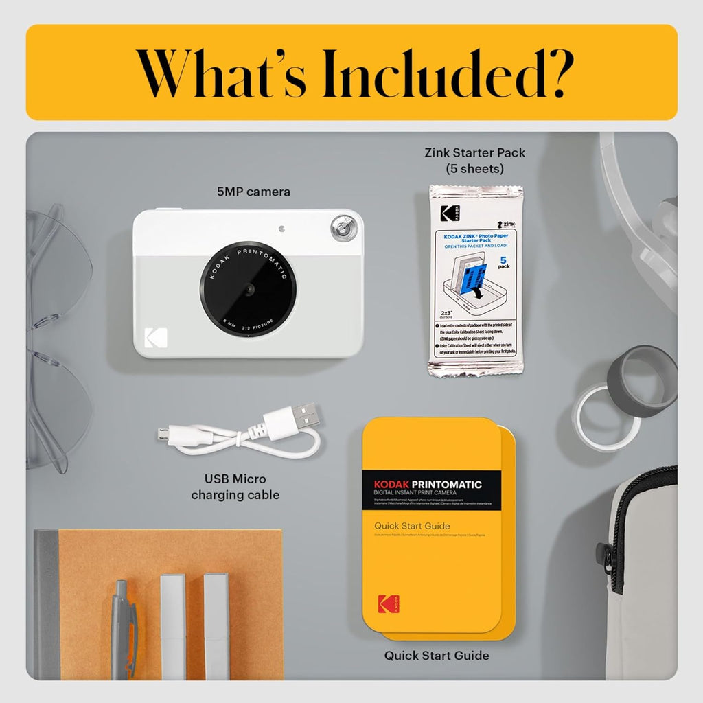 KODAK Printomatic Full-Color Instant Print Camera Gift Bundle + Soft Case + Zink 2x3 Sticky Back Photo Paper 20pk + Album + Sticker Sets + Sticker Frames + Hanging Frames + Markers, Fun Gift - Grey