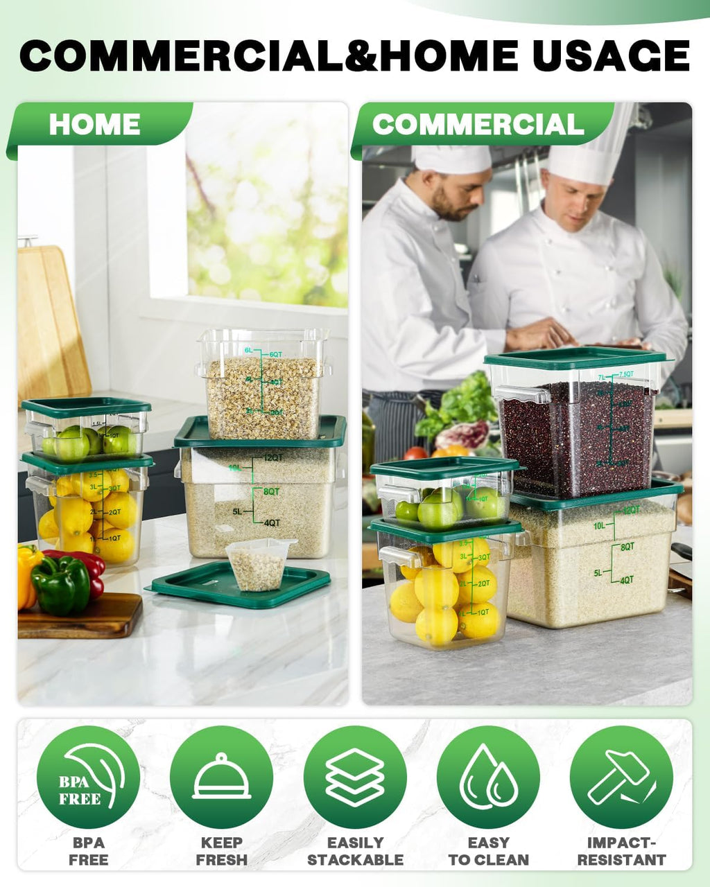 12QT NSF Food Storage Containers: 6PCS [Food Grade][Hot&Cold Resistant] Commercial Clear Food Storage Containers with Lids for Restaurant Kitchen Proof Dough, Measuring Spoons Included(GREEN)