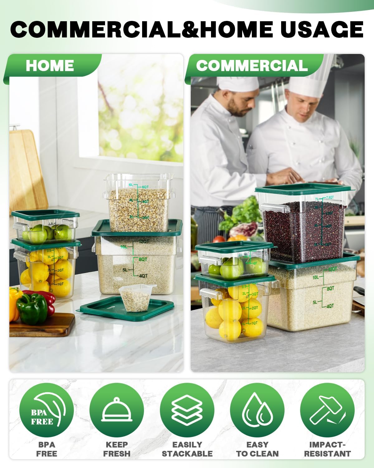 12QT NSF Food Storage Containers: 6PCS [Food Grade][Hot&Cold Resistant] Commercial Clear Food Storage Containers with Lids for Restaurant Kitchen Proof Dough, Measuring Spoons Included(GREEN)