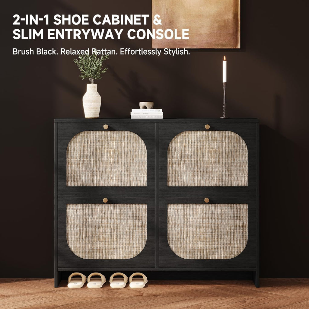 Nicetree Shoe Cabinet Storage for Entryway, Narrow Shoe Organizers with 4 Flip Drawers, Freestanding Large Shoe Rack with 3-Tier Adjustable Shelves for Hallway Entryway Foyer Black