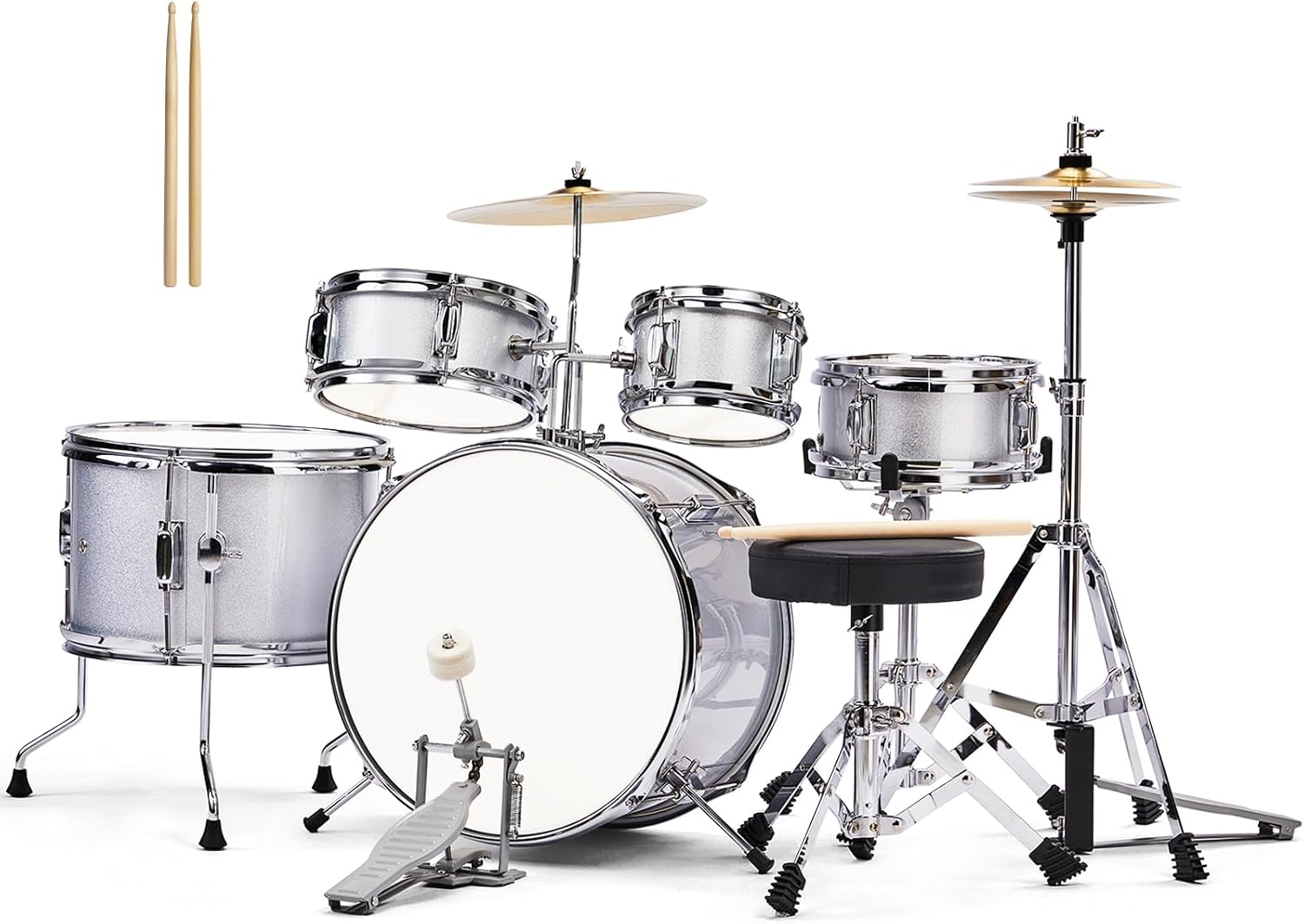Ktaxon 5-Piece Complete Junior Drums Set, 14 Inch Beginners Drum Kit with Throne Stool, Pedal & Drumsticks, Drums Musical Instruments W/Cymbal, Hi-Hat, Floor, Tom and Snare Drum (Silver)