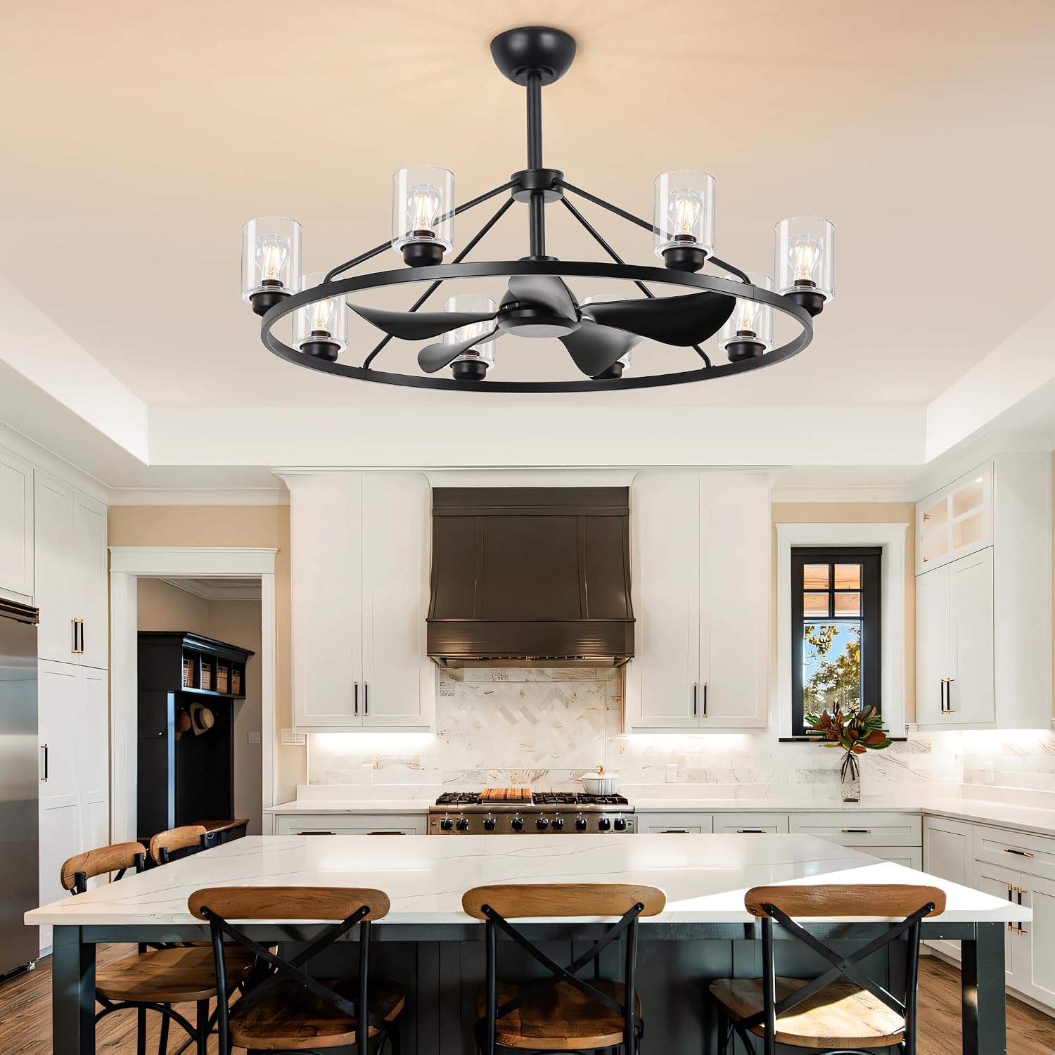 44' Large Ceiling Fans with Lights Wagon Wheel Chandelier, Farmhouse Fandelier Black Fans with Glass Lampshade Light Fixture,App control, 6 Speed, Timing, Adjustable Height for Dining Room Living Room