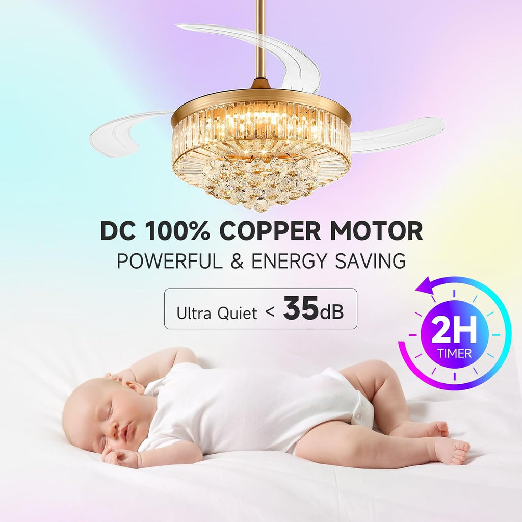 42 Inch Fandelier Ceiling Fans with Light - Retractable Crystal Ceiling Fan and Remote/APP Control, Noiseless DC Motor, RGB Dimmable Lights, Chandelier Ceiling Fan for Bedroom/Living Room Etc