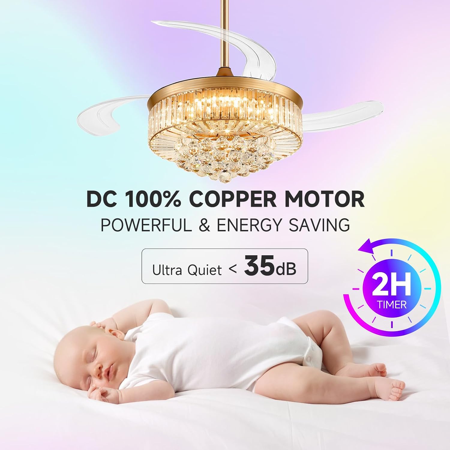 42 Inch Fandelier Ceiling Fans with Light - Retractable Crystal Ceiling Fan and Remote/APP Control, Noiseless DC Motor, RGB Dimmable Lights, Chandelier Ceiling Fan for Bedroom/Living Room Etc