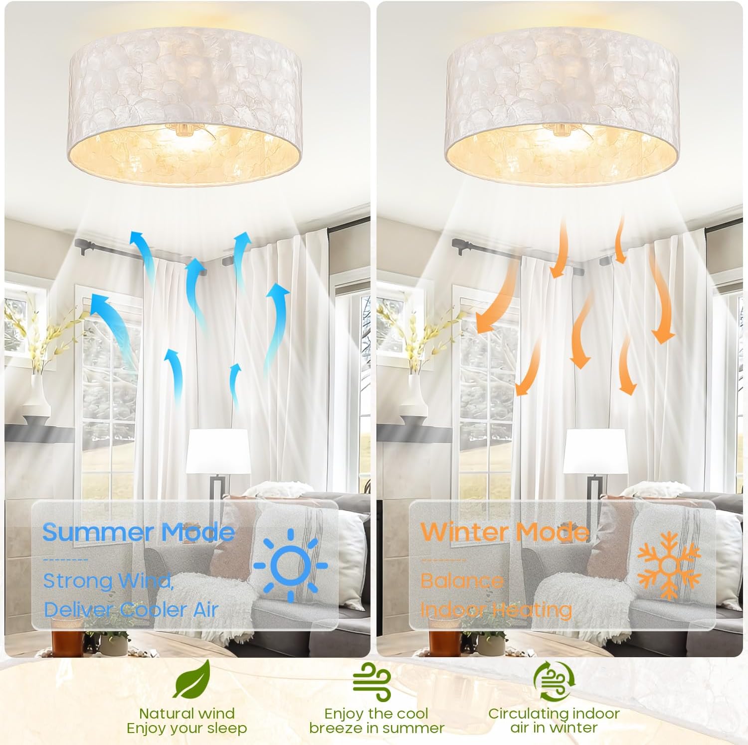 Boho Coastal Ceiling Fan with Lights and Remote, Enclosed Caged Design with Shell Lampshade — Fandelier for Bedroom, Nursery, Foyer, Kitchen (6 Speeds)