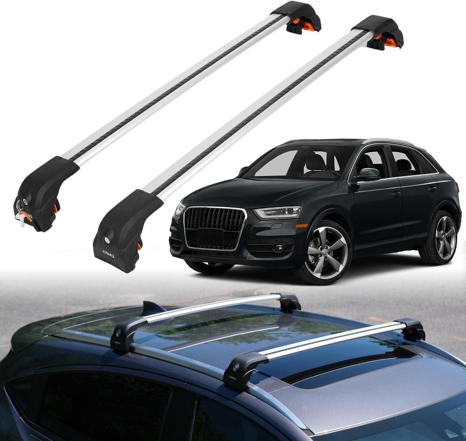 ERKUL Heavy Duty Roof Rack Cross Bars for Audi Q3 2012-2018 | Upgraded Aero Aluminum Crossbars with Smart Clamp System | Compatible with Flush Rails - Silver