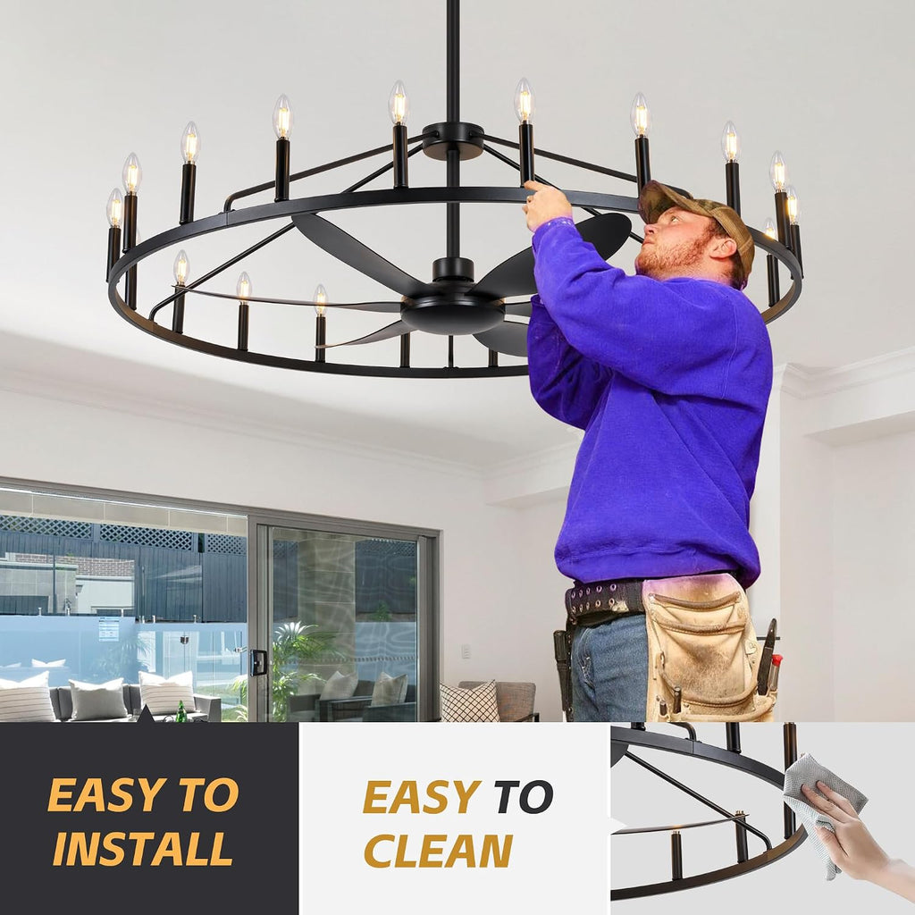 50' Farmhouse Chandelier Ceiling Fan with Light and Remote, 20-Lights Large Wagon Wheel Fandelier with Candle for Living Room,Rustic Walnut Fan with Light