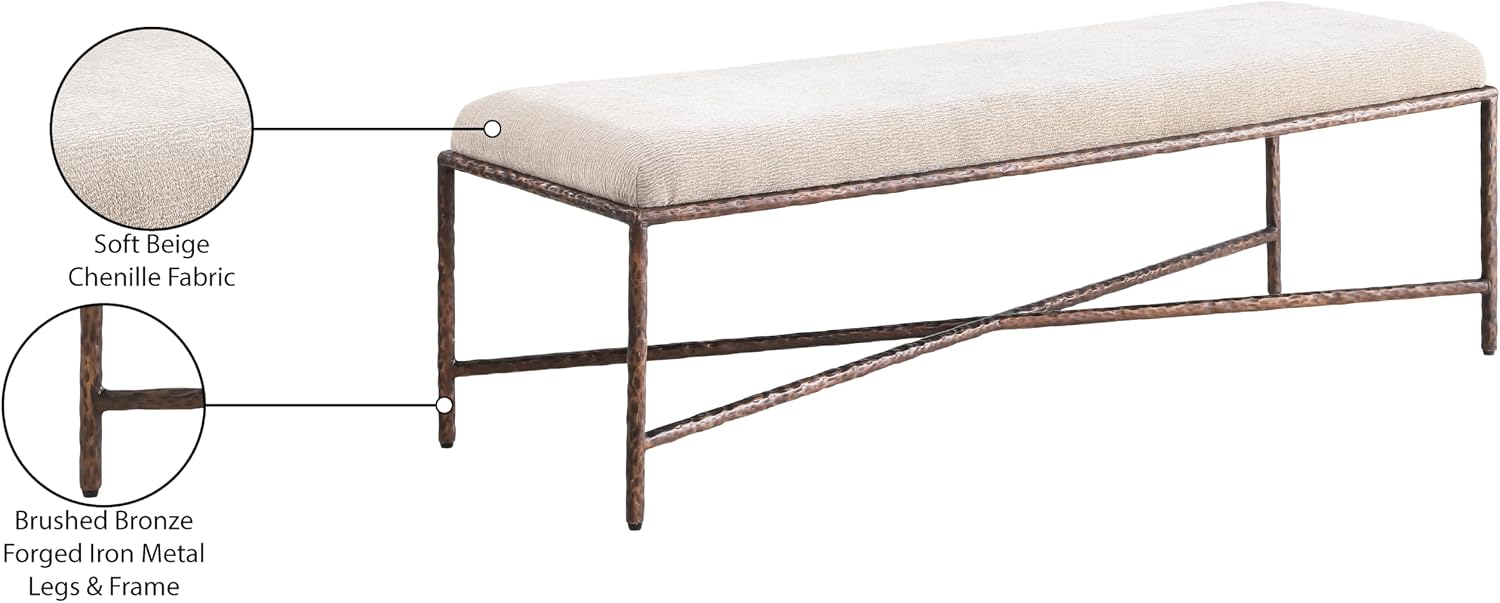 Meridian Furniture 22066Beige Valley Collection Modern | Contemporary Bench with Soft Beige Chenille Fabric, Brushed Bronze Forged Iron Metal Legs and Frame, 54' W x 18' D x 18' H, Beige