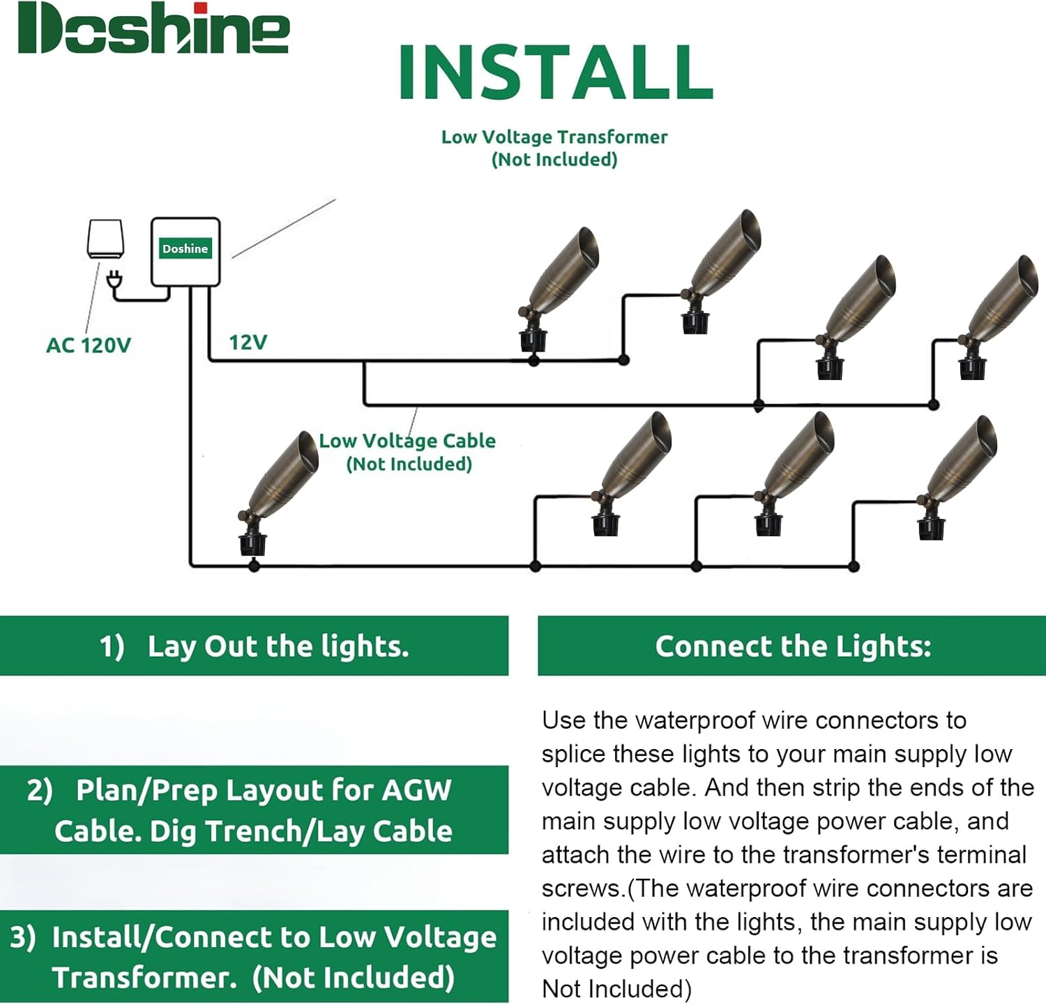 DOSHINE® Solid Brass Landscape LED Spotlights Outdoor Low Voltage Landscape Lighting AC/DC 12V Uplight Accent Light for Tree Garden Yard with Replaceable 5W 3000K Warm White 560LM MR16 Bulb (4-Pack)
