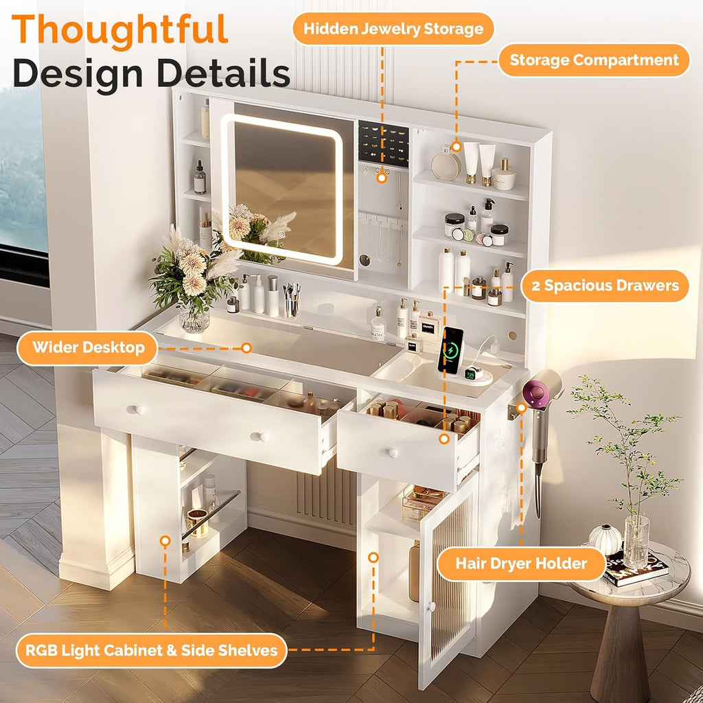 VINGLI Vanity Desk with Sliding Mirror and Lights, Glass Top Makeup Vanity Table w/Glass Cabinets w/Hidden Jewelry Storage & Power Outlets & Hairdryer Holder, 43in White Dressing Table Gifts Girls