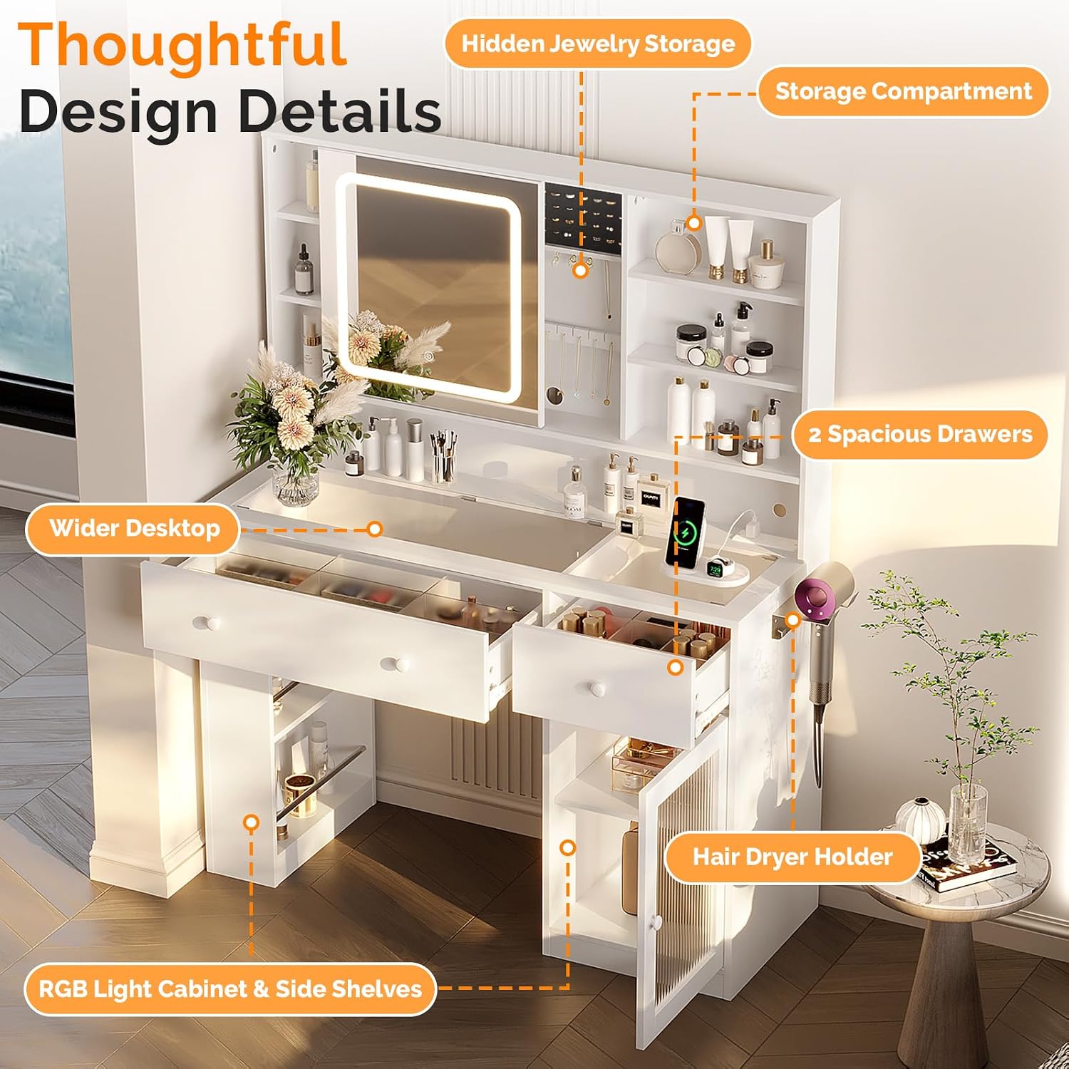 VINGLI Vanity Desk with Sliding Mirror and Lights, Glass Top Makeup Vanity Table w/Glass Cabinets w/Hidden Jewelry Storage & Power Outlets & Hairdryer Holder, 43in White Dressing Table Gifts Girls
