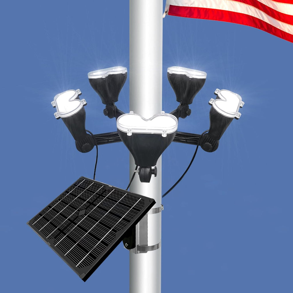 Flag Pole Light Solar Powered 12000mAh Battery Solar Flagpole Light 3600 Lumen Adjustable Metal Clamp Fit 2-6' Dia Flagpole 5 Super Bright Solar Spotlights Outdoor Waterproof Dusk to Dawn
