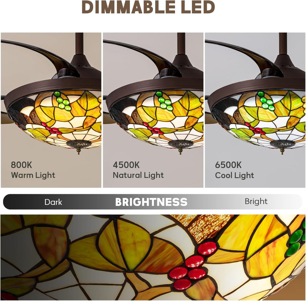 48' Tiffany Ceiling Fan with Light Colorful Fandelier Vintage Chandelier Fan 48 Inch Stained Glass Ceiling Fan Retractable Blades Vintage Fandelier with Tiffany Light for Bedroom Living Room