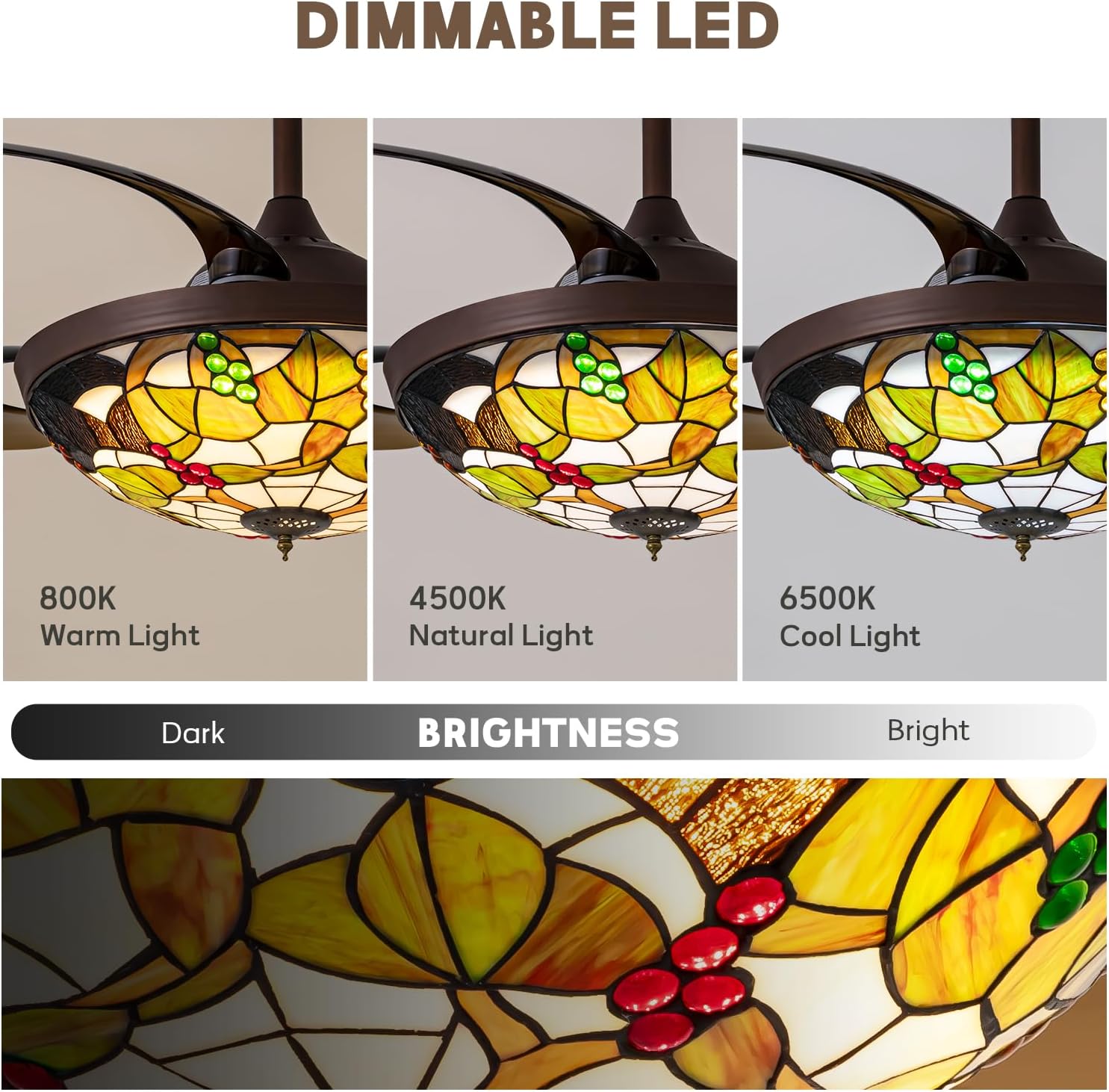 48' Tiffany Ceiling Fan with Light Colorful Fandelier Vintage Chandelier Fan 48 Inch Stained Glass Ceiling Fan Retractable Blades Vintage Fandelier with Tiffany Light for Bedroom Living Room