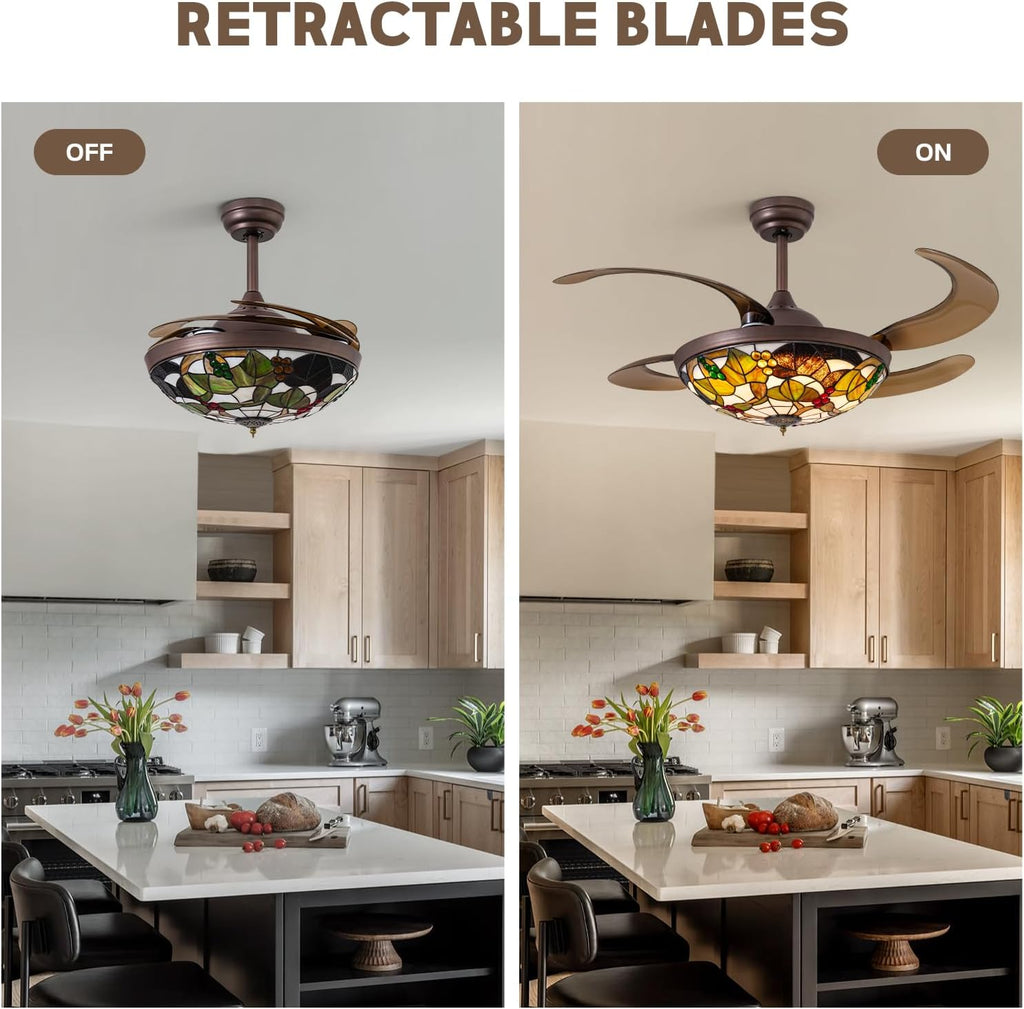 48' Tiffany Ceiling Fan with Light Colorful Fandelier Vintage Chandelier Fan 48 Inch Stained Glass Ceiling Fan Retractable Blades Vintage Fandelier with Tiffany Light for Bedroom Living Room