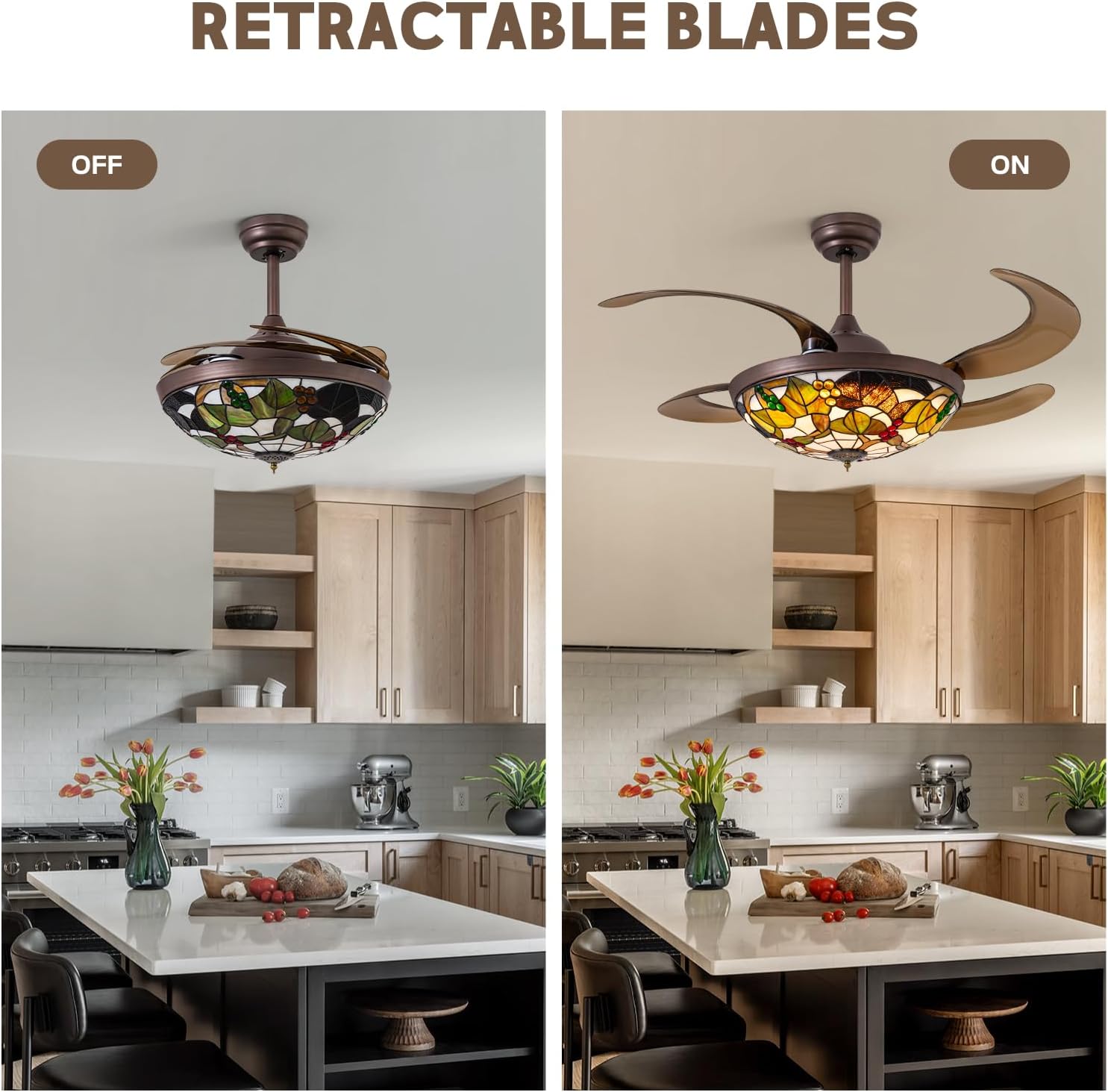 48' Tiffany Ceiling Fan with Light Colorful Fandelier Vintage Chandelier Fan 48 Inch Stained Glass Ceiling Fan Retractable Blades Vintage Fandelier with Tiffany Light for Bedroom Living Room