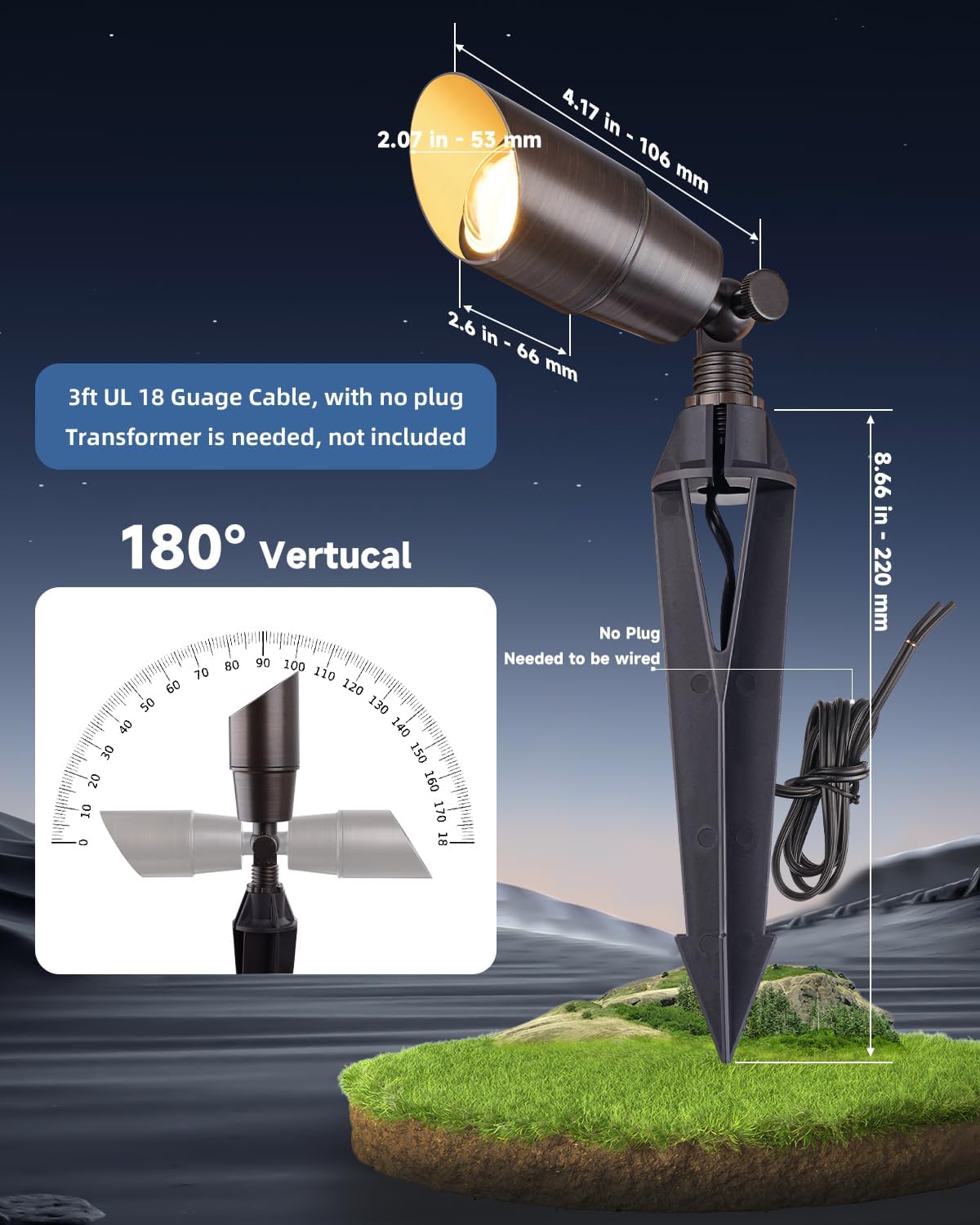 Solid Brass Outdoor Landscape Spotlight 12V Wired Low Voltage Spot Lights with 5W MR16 LED Bulb Warm White, Waterproof IP67 Outdoor Spot Lights for Yard & Garden 12V Landscape Lights 4-Pack