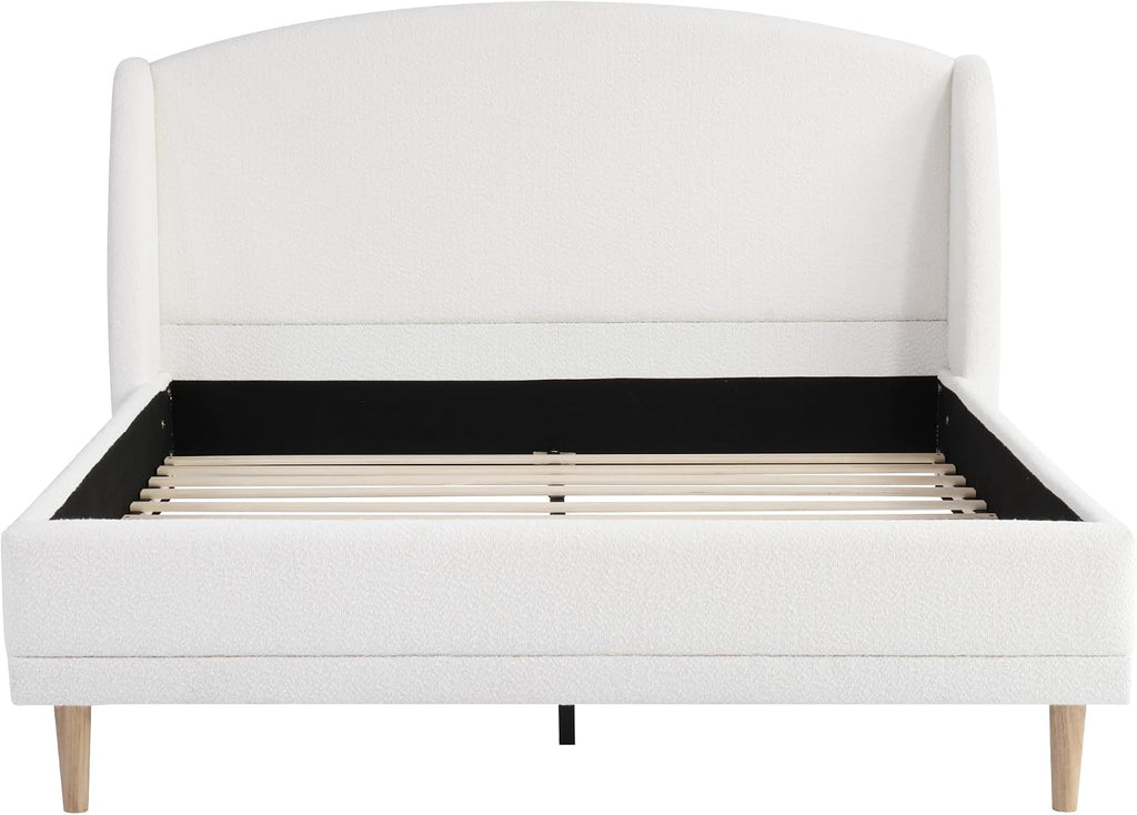 Christopher Knight Home Hazel Queen Size Bed Frame, Upholstered Platform Bed, Soft Boucle Wingback Headboard, Wood Bed Support and Slats, Curved-Shaped Headboard Queen Bed for Adult, 44.50' H White
