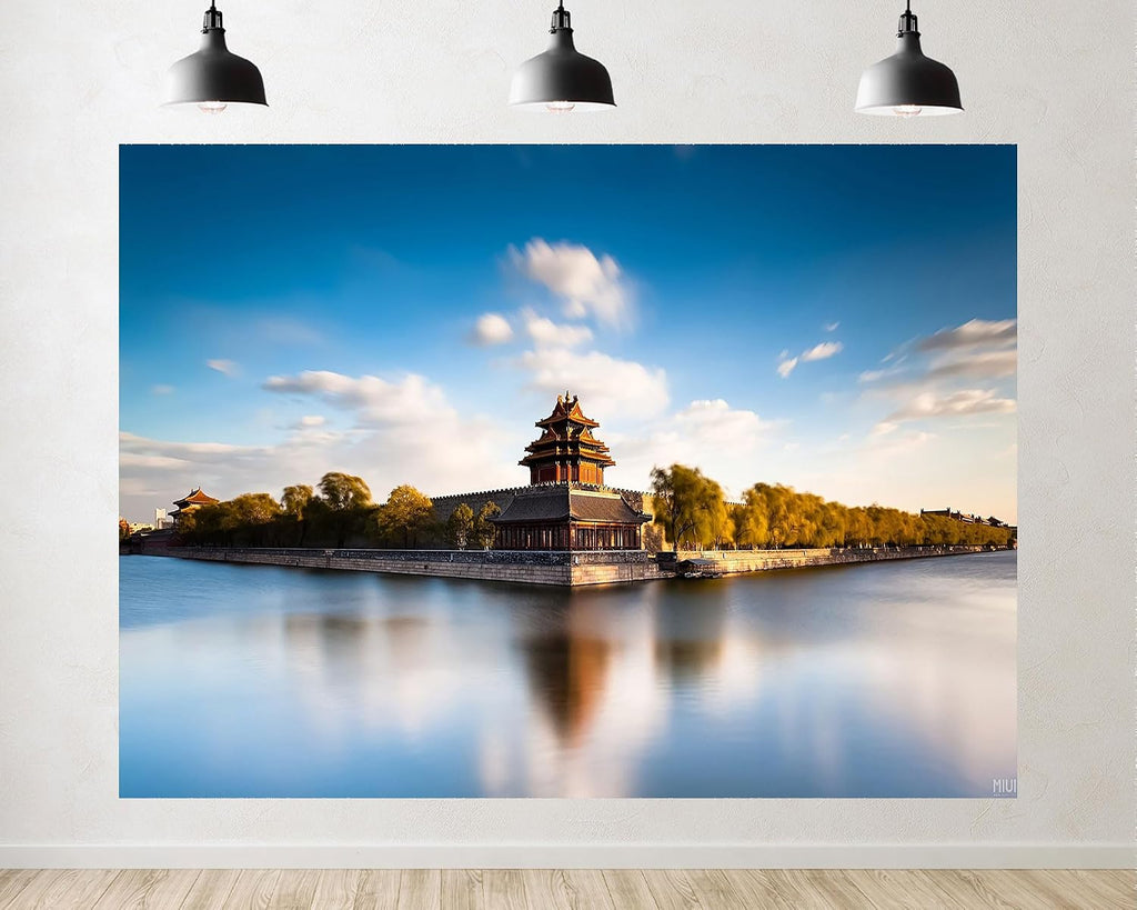 Trykid 20x10ft Ancient Corner Tower Backdrop Calm Moat Clear Blue Sky Golden Willow Trees Serene Historic View Photography Background for Wedding Party Event Decoration Photo Booth Prop Fabric