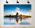 Trykid 20x10ft Ancient Corner Tower Backdrop Calm Moat Clear Blue Sky Golden Willow Trees Serene Historic View Photography Background for Wedding Party Event Decoration Photo Booth Prop Fabric