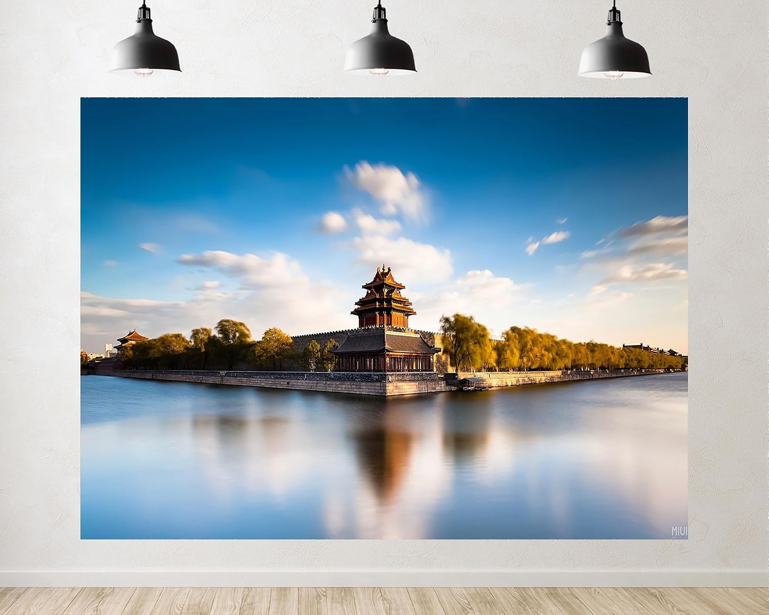 Trykid 20x10ft Ancient Corner Tower Backdrop Calm Moat Clear Blue Sky Golden Willow Trees Serene Historic View Photography Background for Wedding Party Event Decoration Photo Booth Prop Fabric