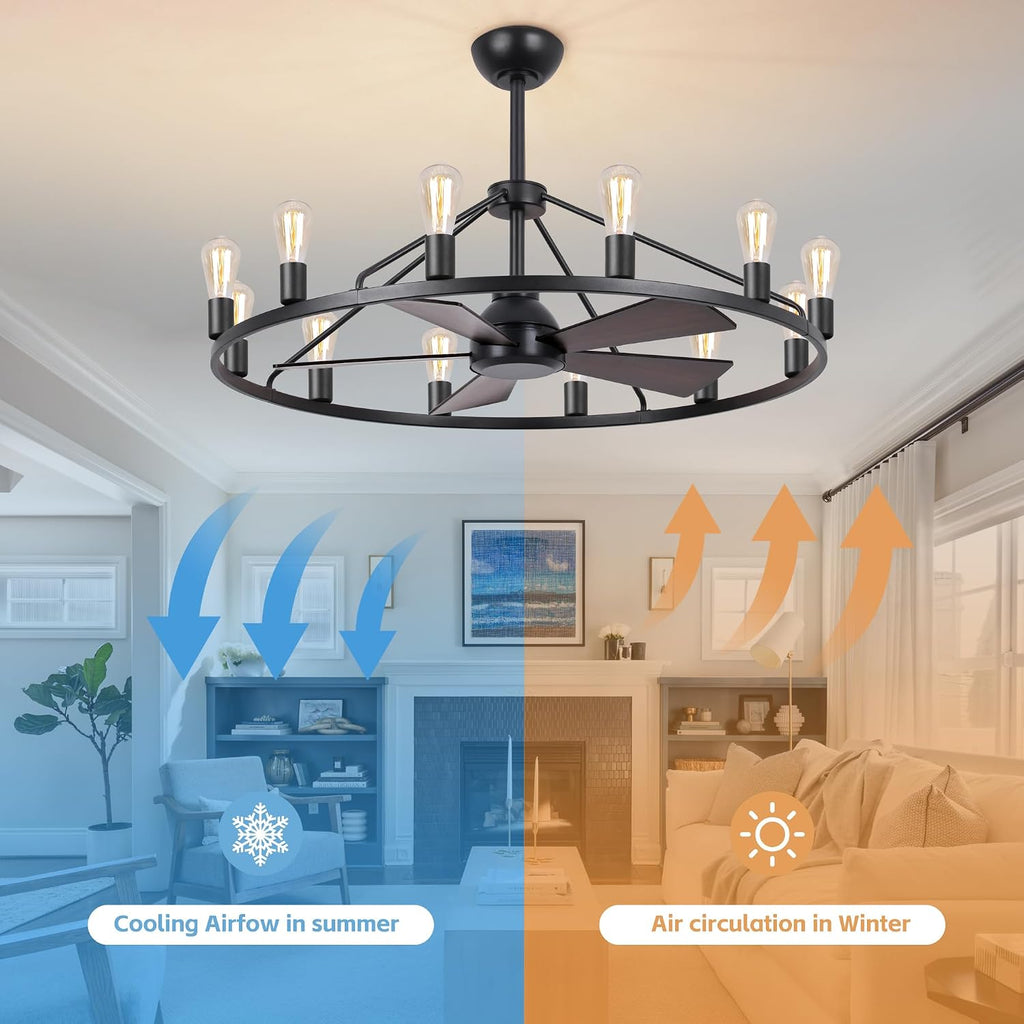 She's home 43' Black Wagon Wheel Chandelier Fan with Light, 12-Lights Large Round Candle Farmhouse Fandelier Ceiling Fan with Light Fixture for Living Room, Dining Room, Height Adjustable