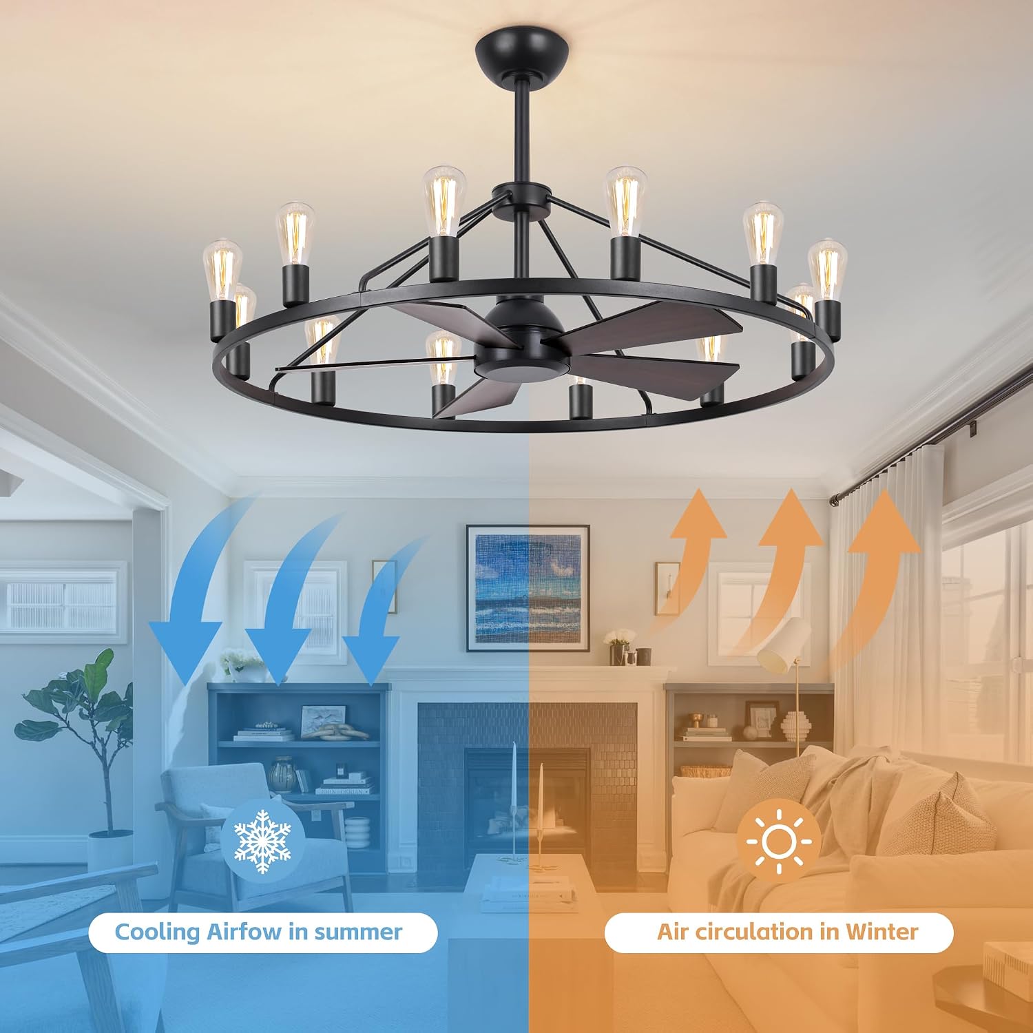 She's home 43' Black Wagon Wheel Chandelier Fan with Light, 12-Lights Large Round Candle Farmhouse Fandelier Ceiling Fan with Light Fixture for Living Room, Dining Room, Height Adjustable