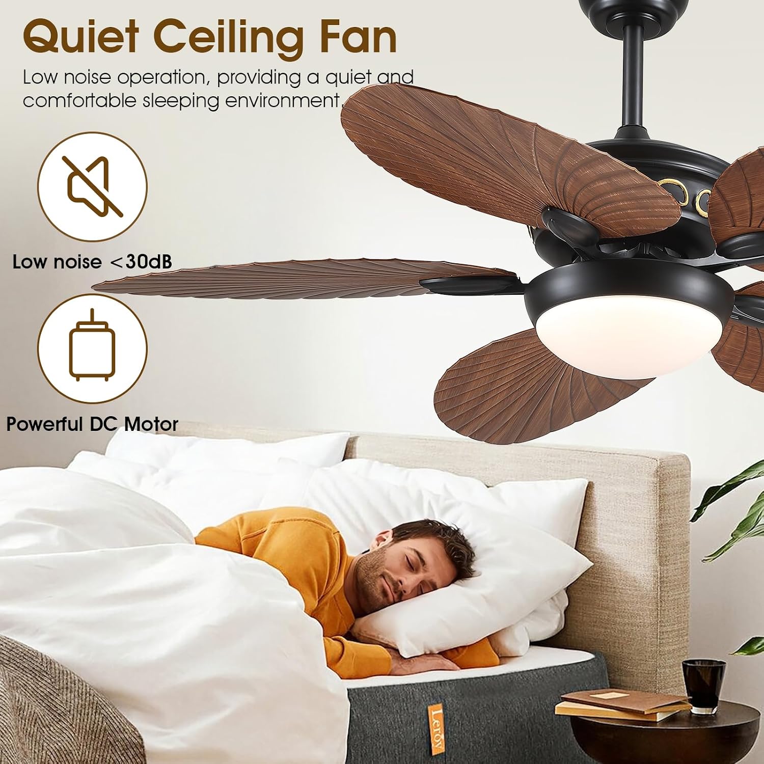 Wiviniya 52 Inch Tropical Ceiling Fans with Lights, Palm Leaf Outdoor Ceiling Fan with Light for Patios Porch Bedroom, Remote/APP Control, Reversible Quiet DC Motor, Dimmable LED, Brown