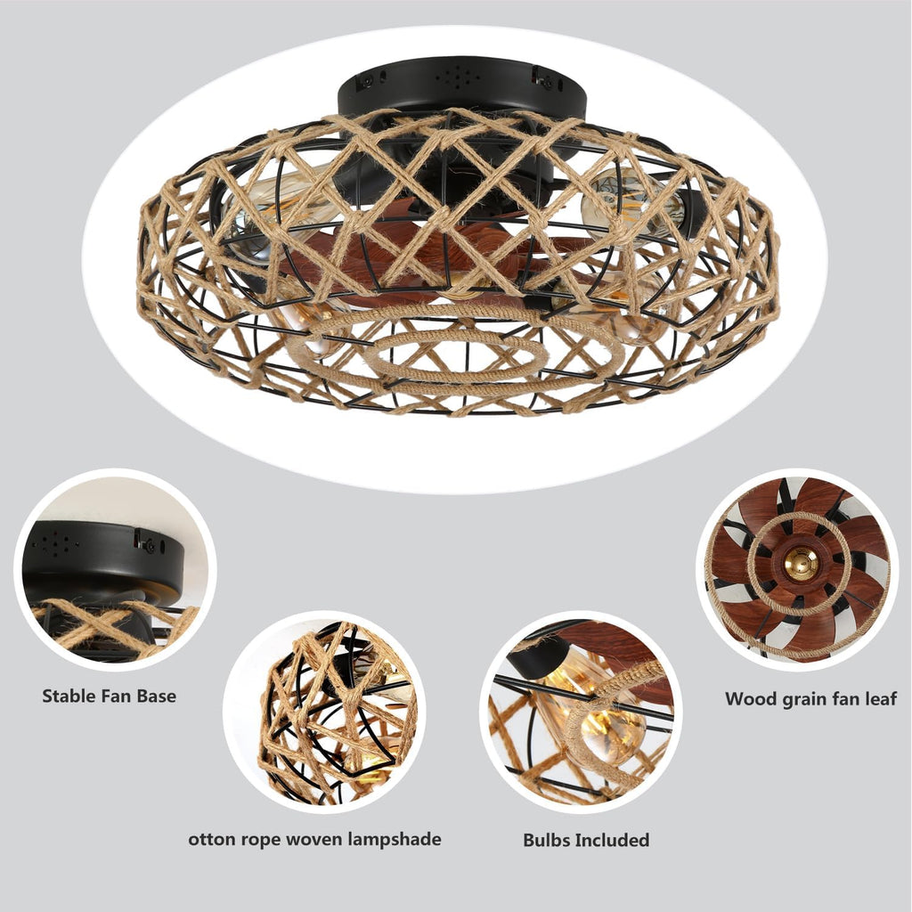 20''Rustic Hemp Rope Caged Ceiling Fans with Lights and Remote Hand-Woven Rattan Flush Mount Ceiling Fan with Light Farmhouse Boho Include Bulbs 6 Speeds Reversible for Bedroom,Kitchen Island