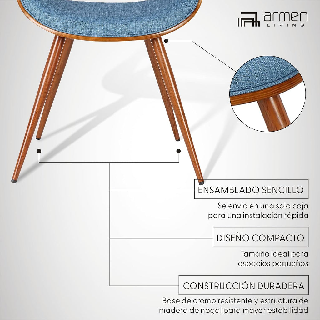 Armen Living Butterfly Mid-Century Dining Chair in Walnut Finish and Blue Fabric - Set of 2