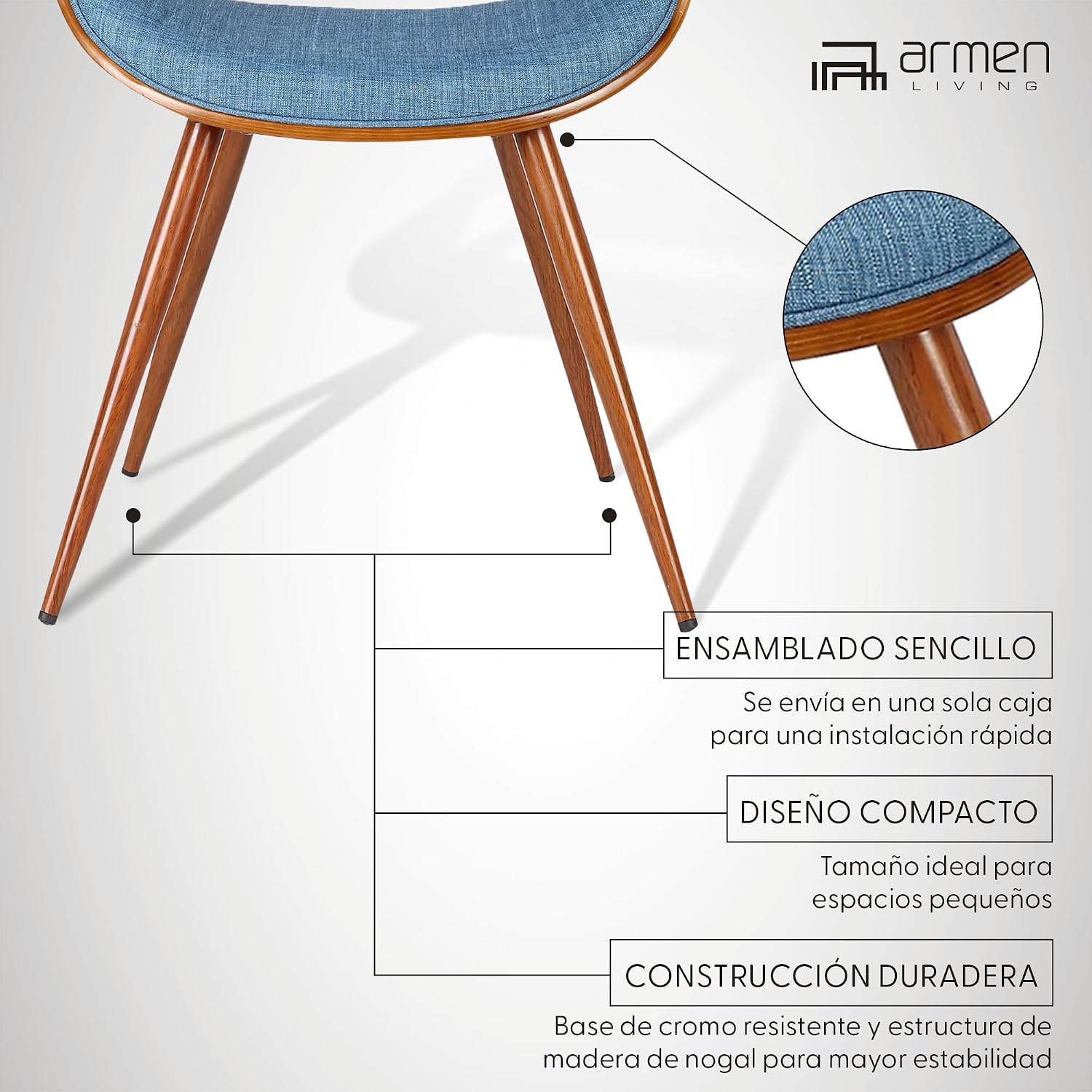 Armen Living Butterfly Mid-Century Dining Chair in Walnut Finish and Blue Fabric - Set of 2