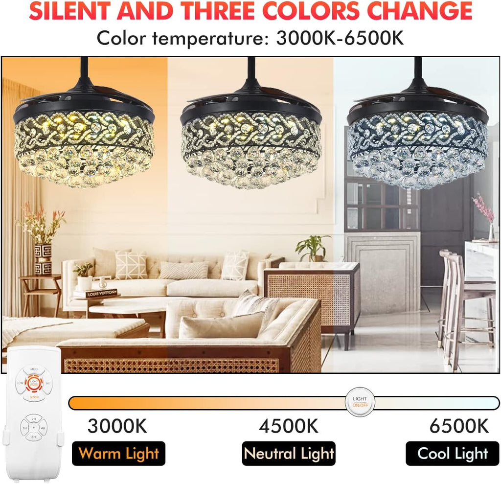 Black Crystal Chandelier Fan, 42' Fandelier Ceiling Fan with Light, Ceiling Fans with Retractable Blades Lights and Remote for Living Dinning Room
